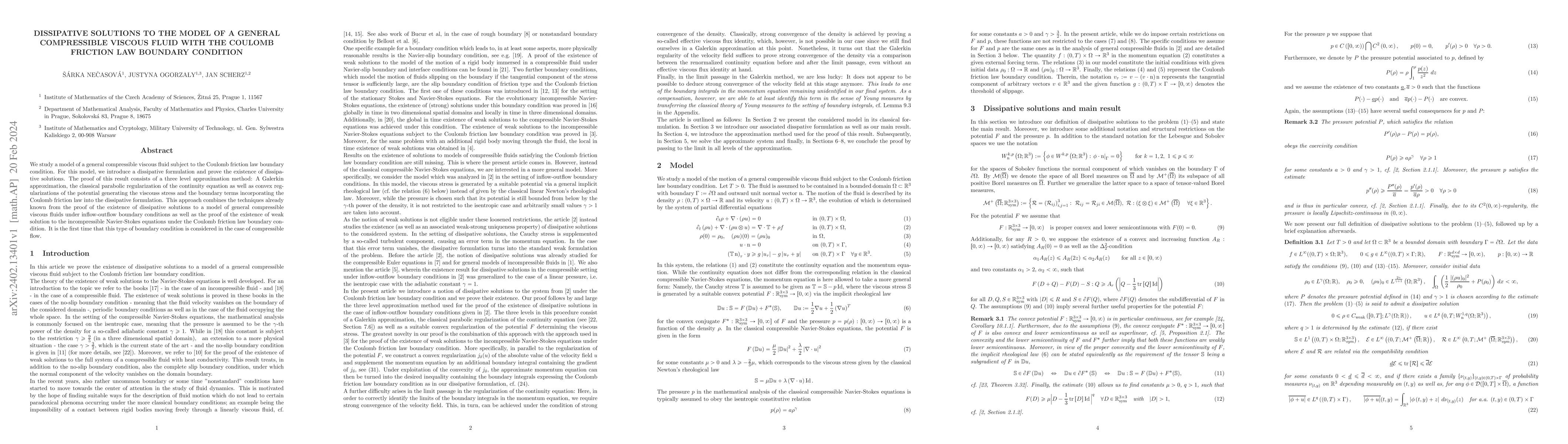Thumbnail for Dissipative solutions to the model of a general compressible viscous
  fluid with the Coulomb friction law boundary condition