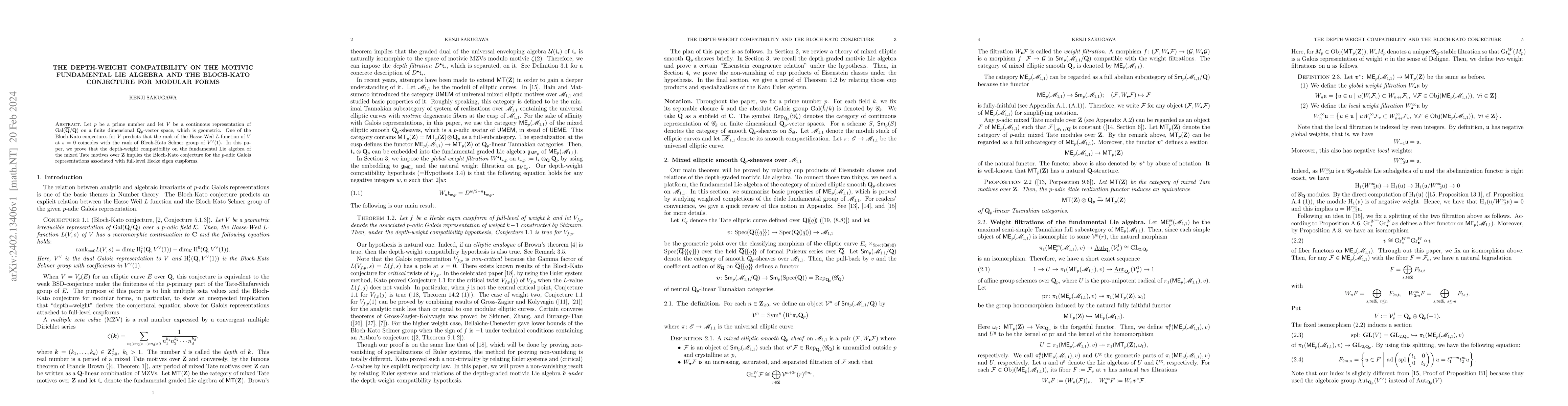 Thumbnail for The depth-weight compatibility on the motivic fundamental Lie algebra
  and the Bloch-Kato conjecture for modular forms