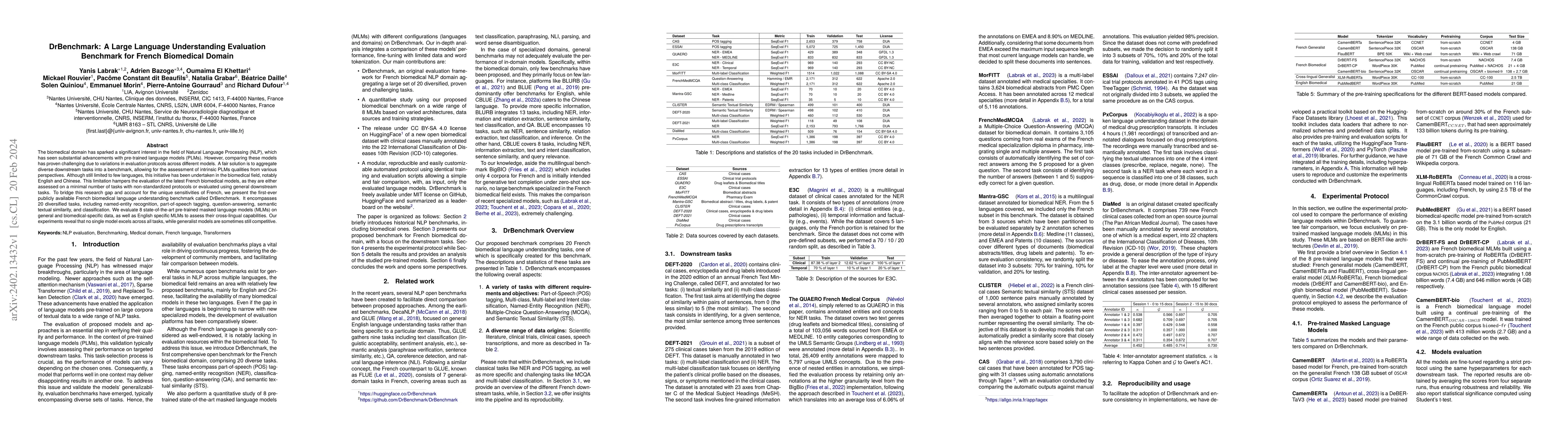 Thumbnail for DrBenchmark: A Large Language Understanding Evaluation Benchmark for
  French Biomedical Domain