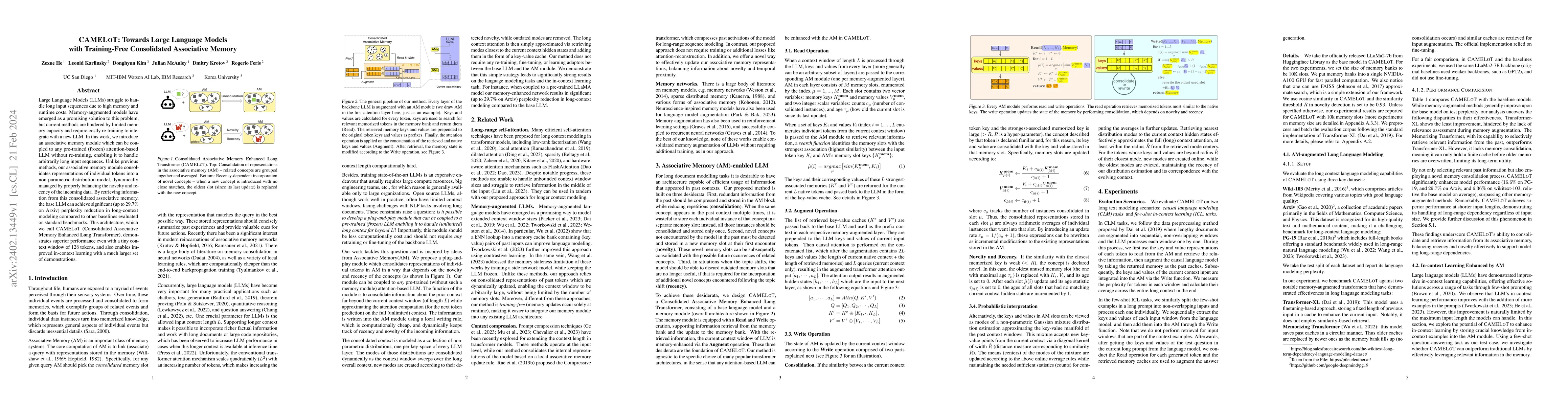 Thumbnail for CAMELoT: Towards Large Language Models with Training-Free Consolidated
  Associative Memory