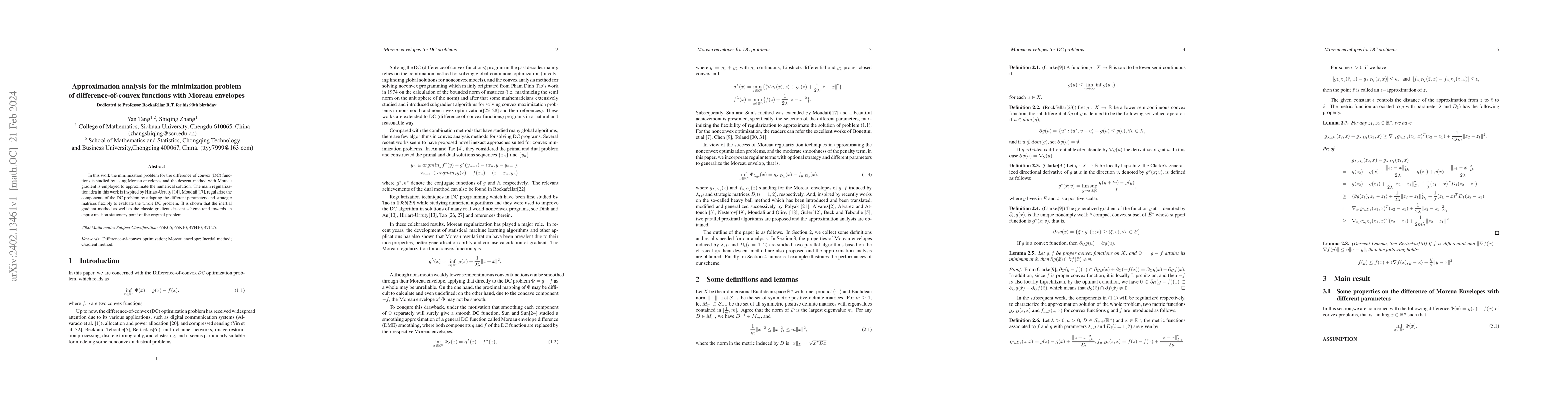 Thumbnail for Approximation analysis for the minimization problem of
  difference-of-convex functions with Moreau envelopes