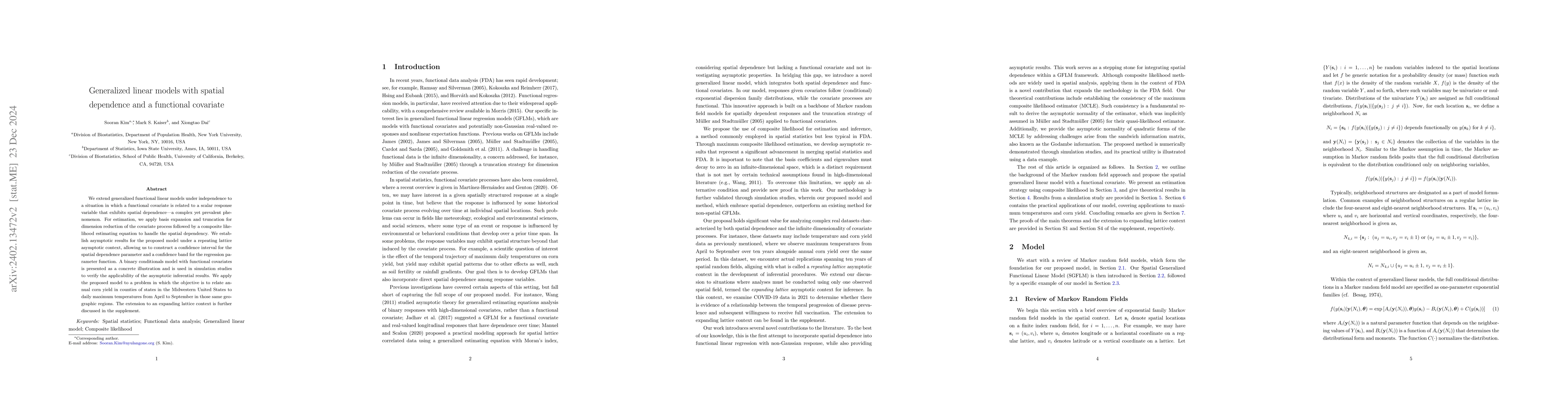 Thumbnail for Generalized linear models with spatial dependence and a functional
  covariate