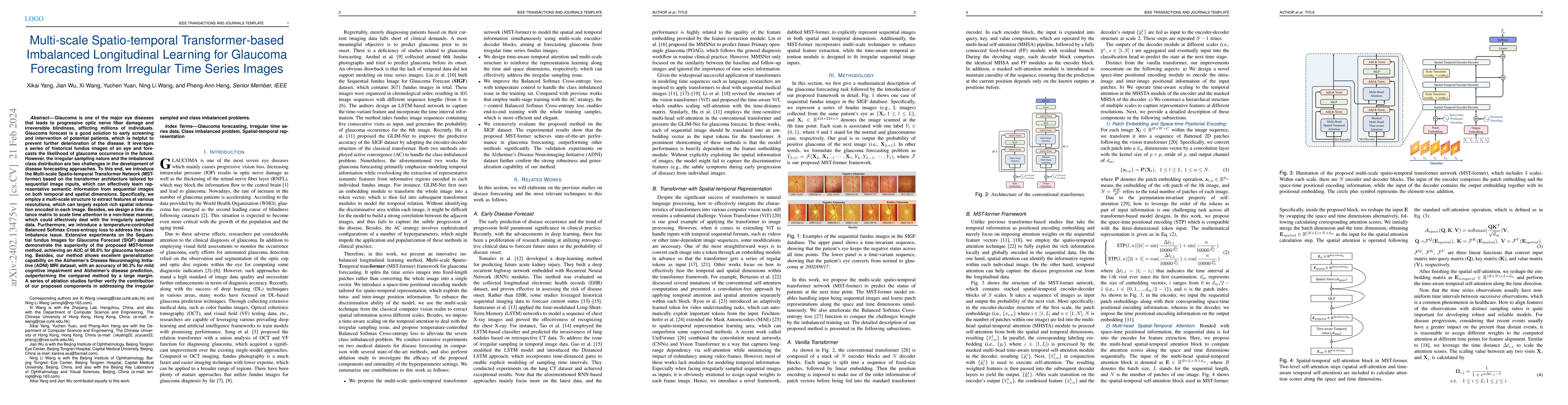 Thumbnail for Multi-scale Spatio-temporal Transformer-based Imbalanced Longitudinal
  Learning for Glaucoma Forecasting from Irregular Time Series Images