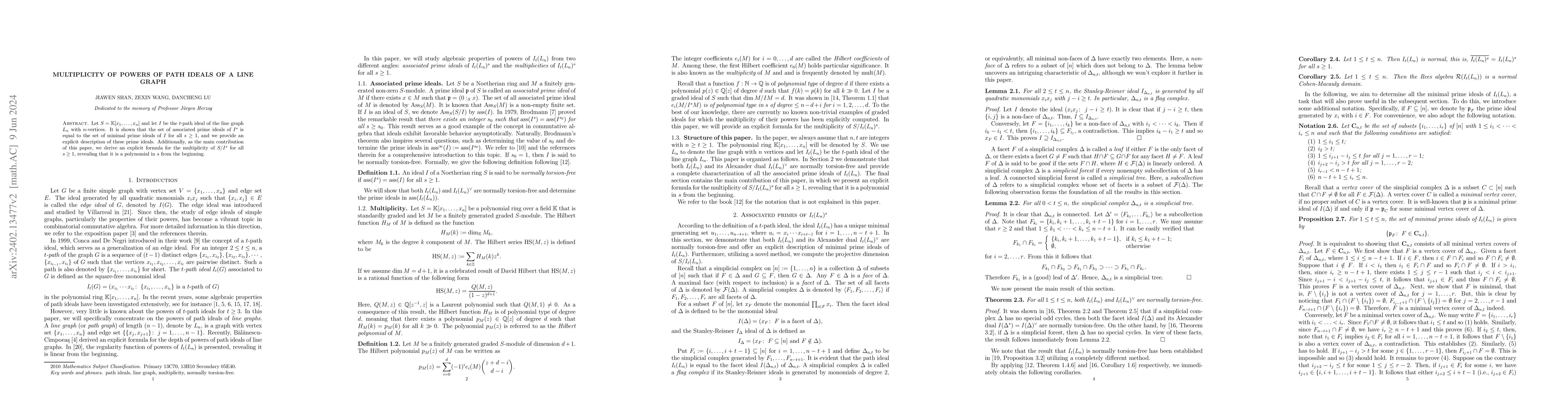 Thumbnail for Multiplicity of powers of path ideals of a line graph