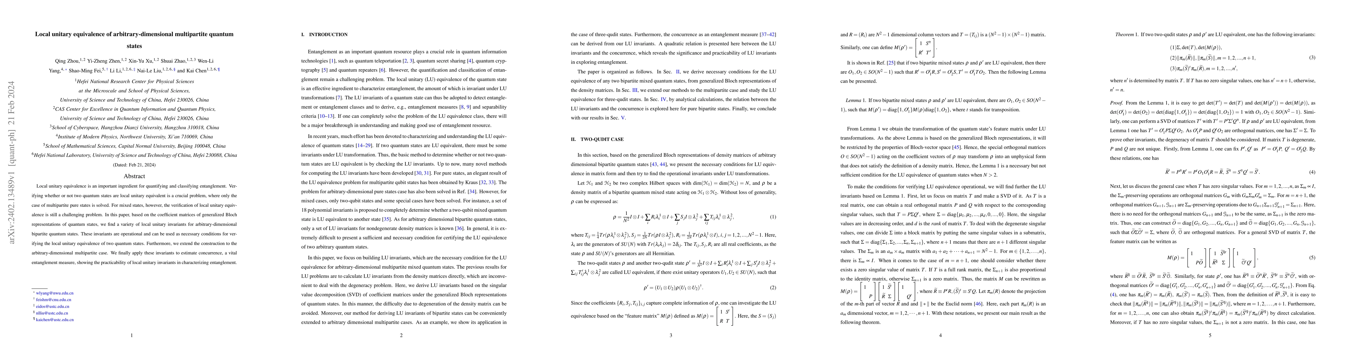 Thumbnail for Local unitary equivalence of arbitrary-dimensional multipartite quantum
  states