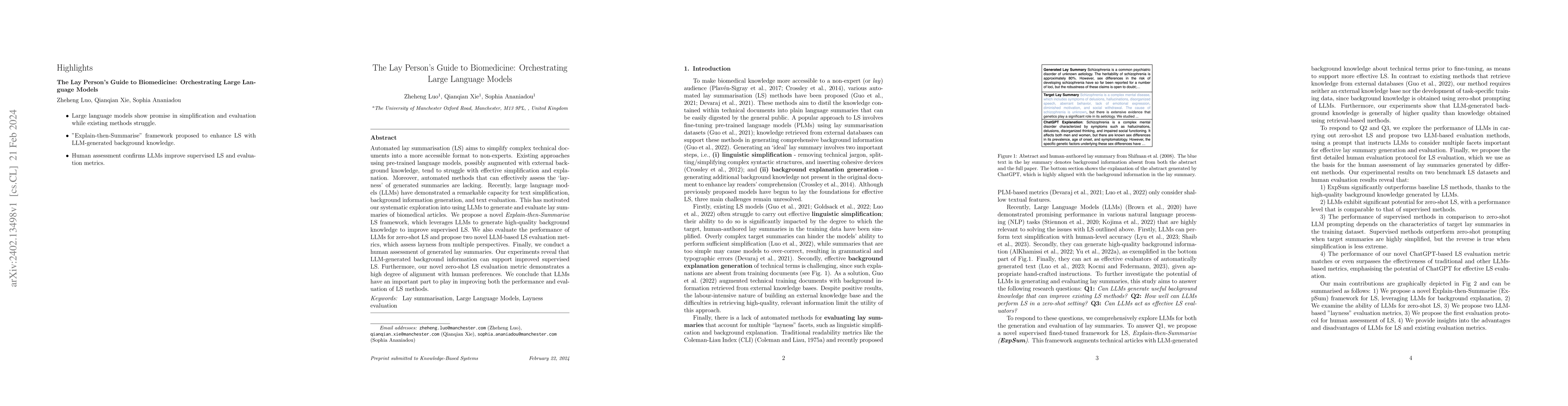 Thumbnail for The Lay Person's Guide to Biomedicine: Orchestrating Large Language
  Models