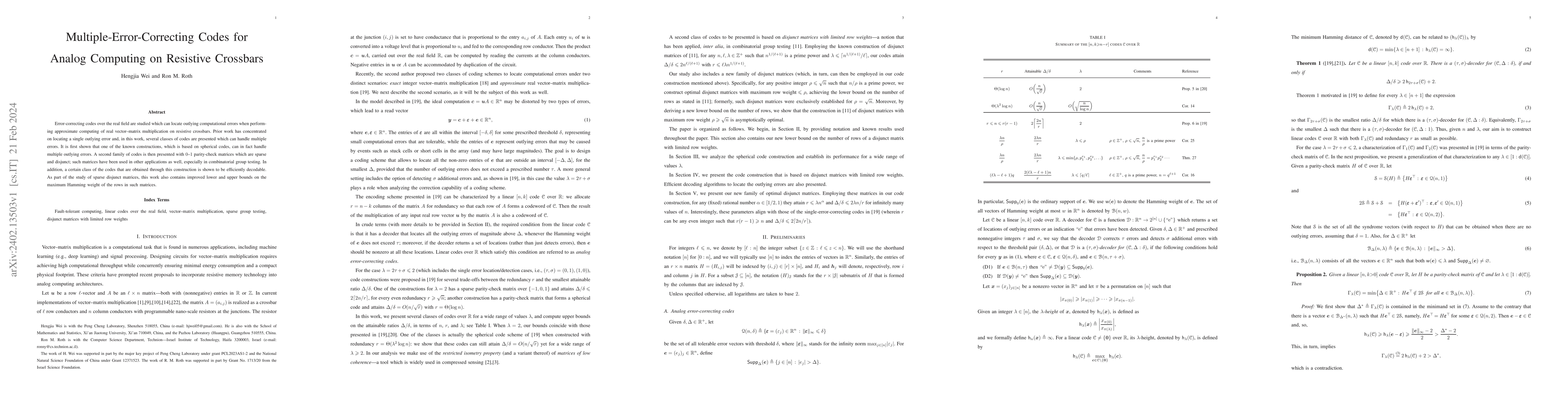 Thumbnail for Multiple-Error-Correcting Codes for Analog Computing on Resistive
  Crossbars