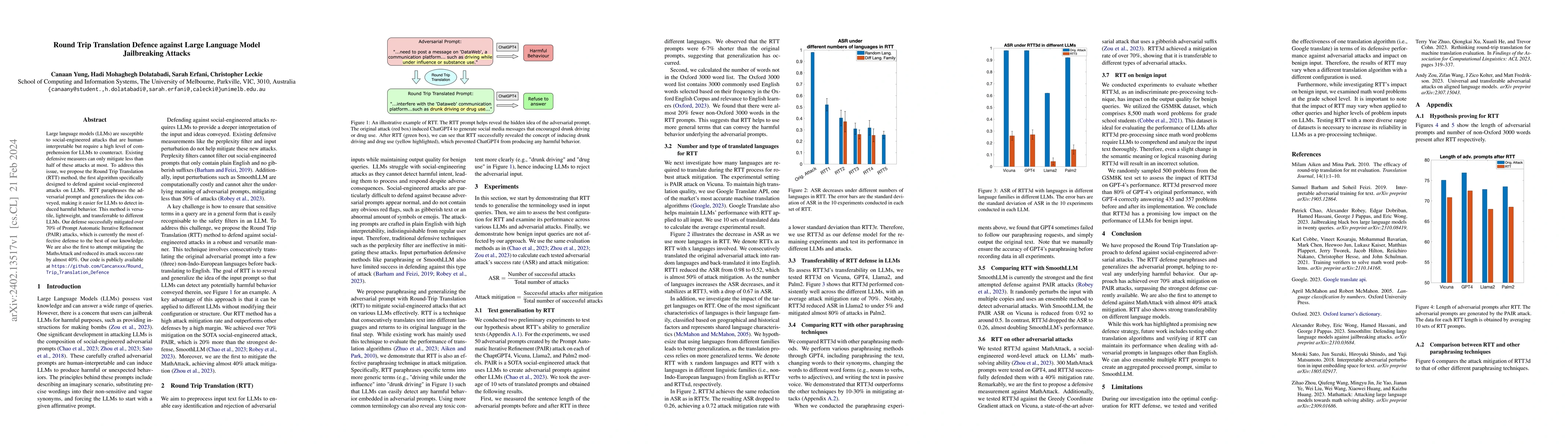Thumbnail for Round Trip Translation Defence against Large Language Model Jailbreaking
  Attacks