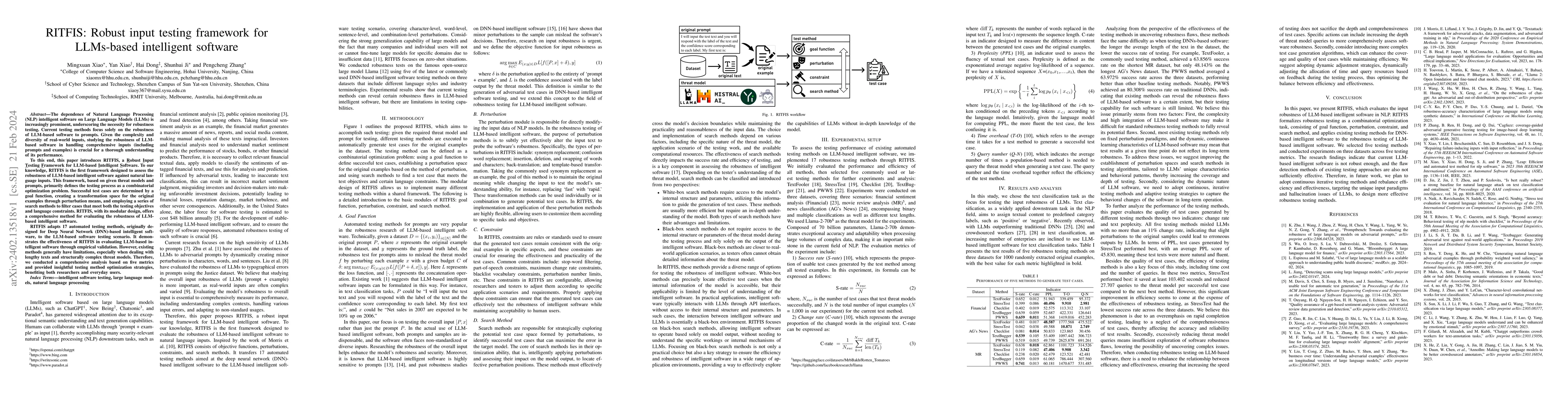 Thumbnail for RITFIS: Robust input testing framework for LLMs-based intelligent
  software