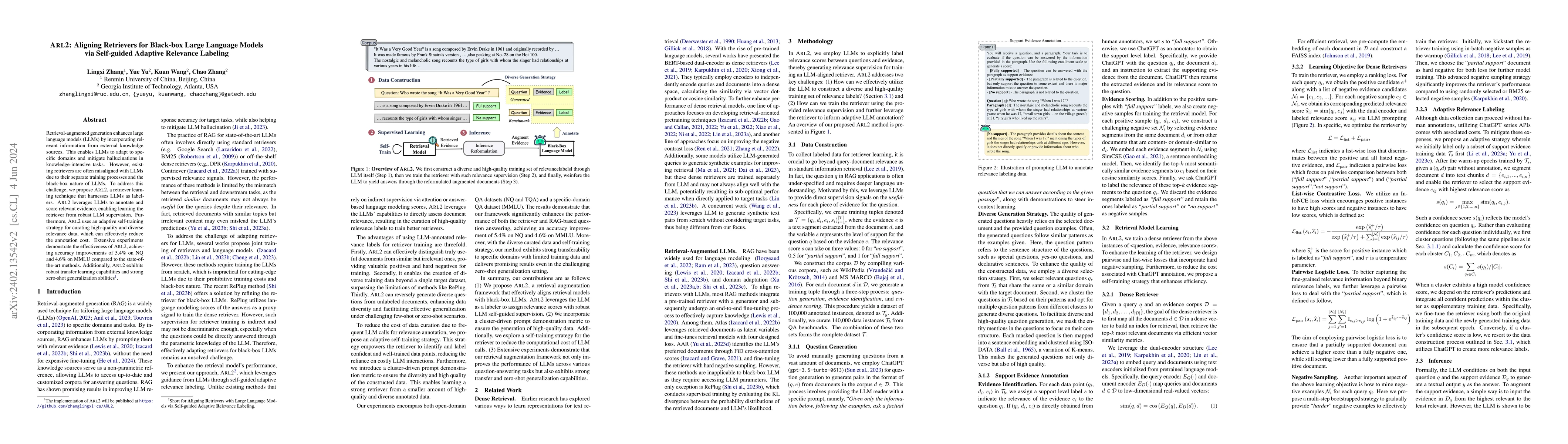 Thumbnail for ARL2: Aligning Retrievers for Black-box Large Language Models via
  Self-guided Adaptive Relevance Labeling