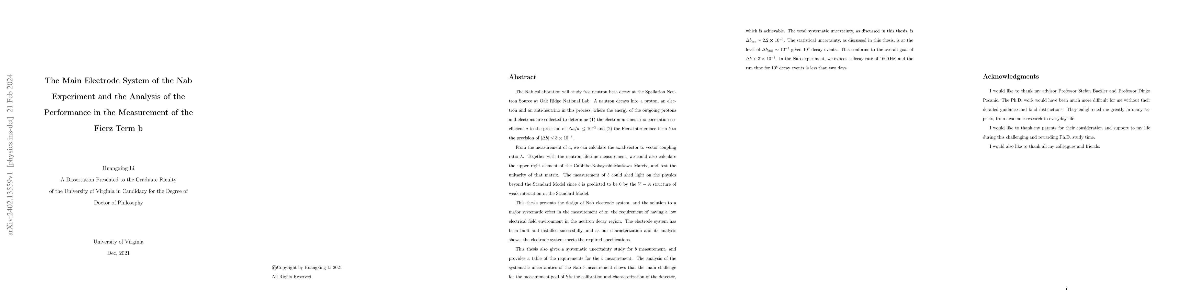 Thumbnail for The Main Electrode System of the Nab Experiment and the Analysis of the
  Performance in the Measurement of the Fierz Term b