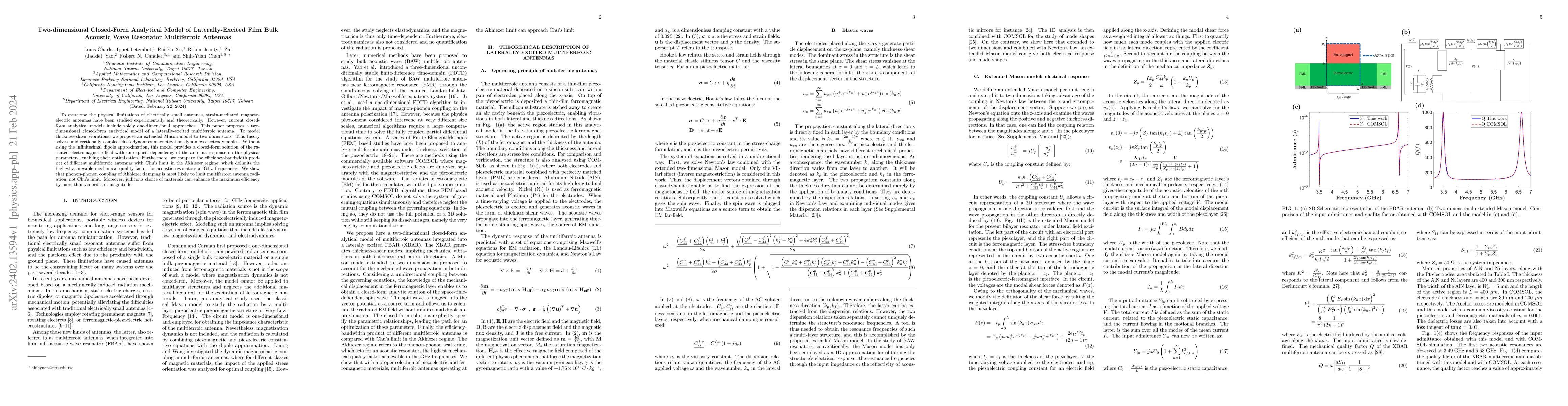 Thumbnail for Two-dimensional Closed-Form Analytical Model of Laterally-Excited Film
  Bulk Acoustic Wave Resonator Multiferroic Antennas