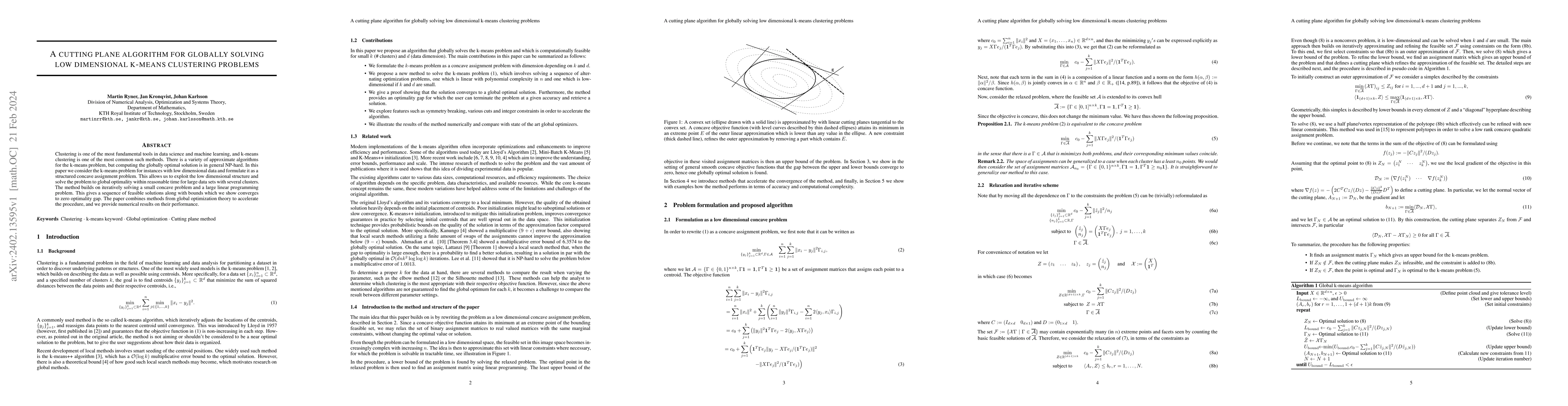 Thumbnail for A cutting plane algorithm for globally solving low dimensional k-means
  clustering problems