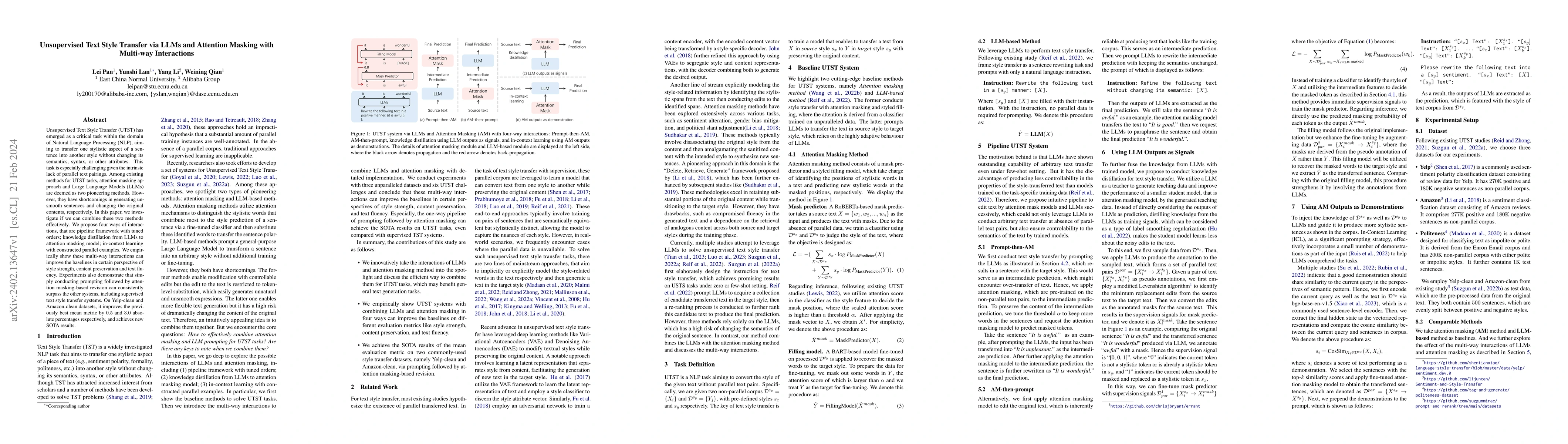 Thumbnail for Unsupervised Text Style Transfer via LLMs and Attention Masking with
  Multi-way Interactions