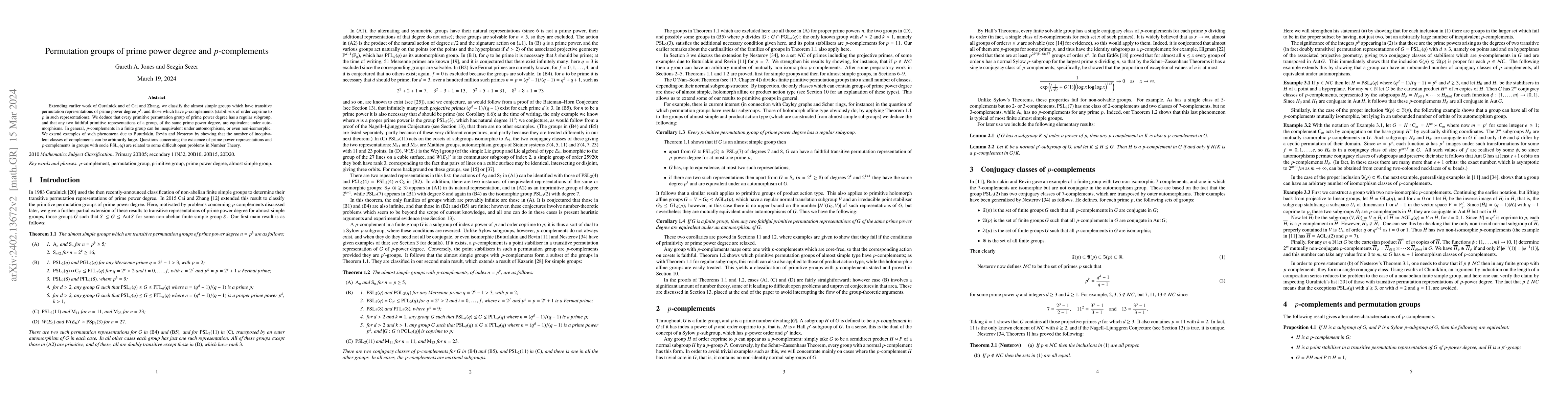 Thumbnail for Permutation groups of prime power degree and $p$-complements