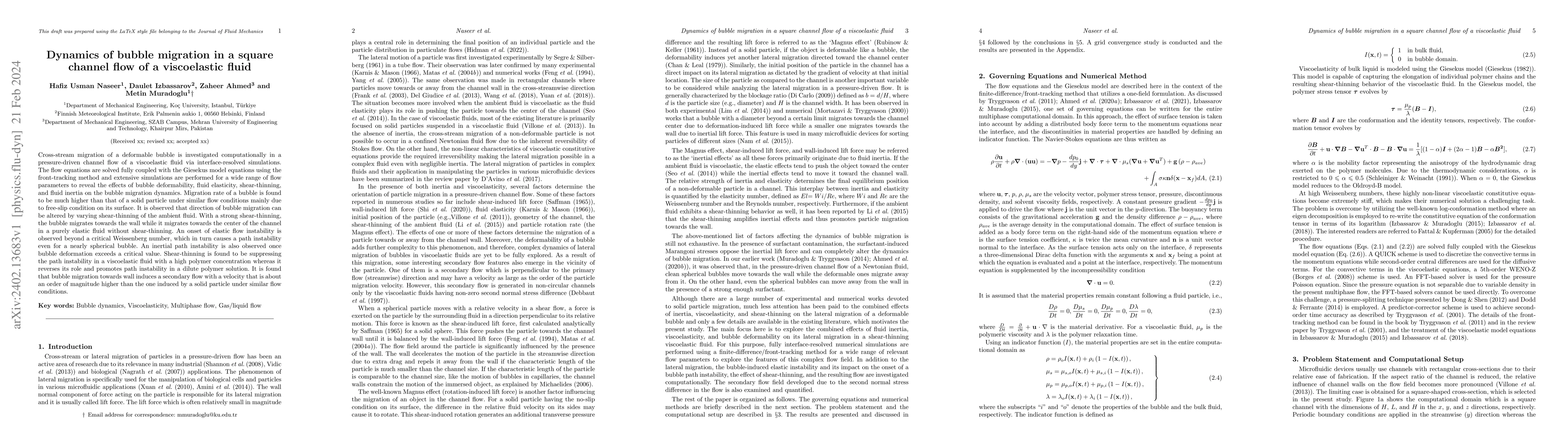 Thumbnail for Dynamics of bubble migration in a square channel flow of a viscoelastic
  fluid