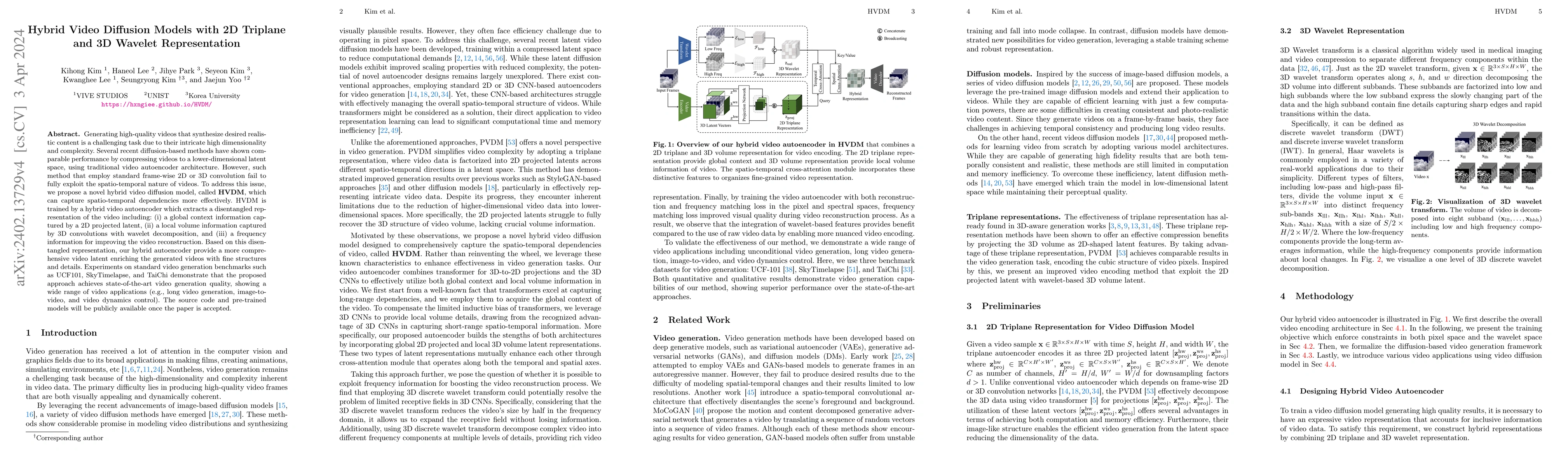 Thumbnail for Hybrid Video Diffusion Models with 2D Triplane and 3D Wavelet
  Representation