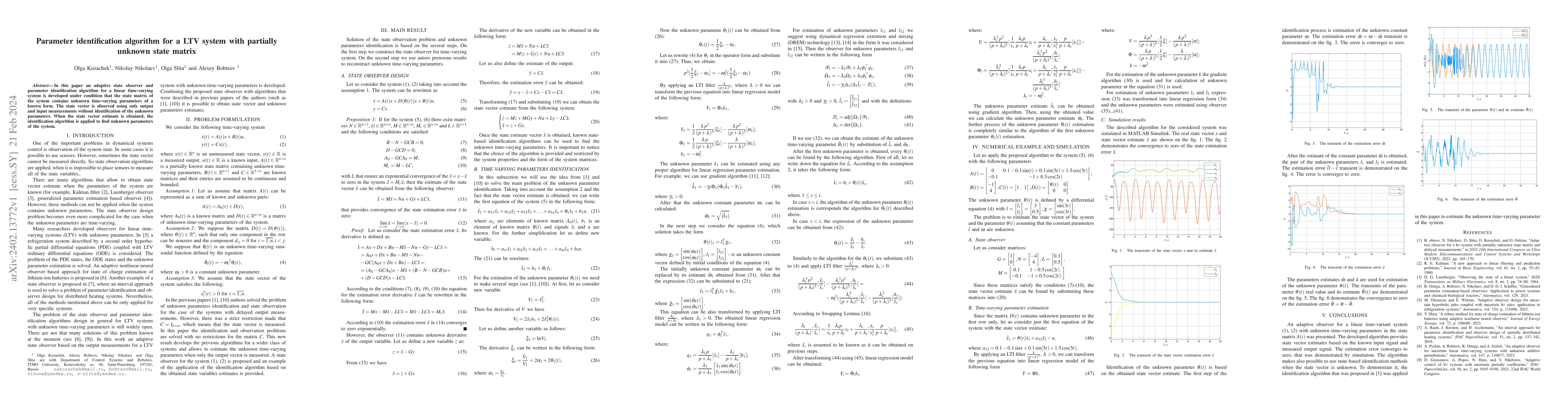 Thumbnail for Parameter identification algorithm for a LTV system with partially
  unknown state matrix