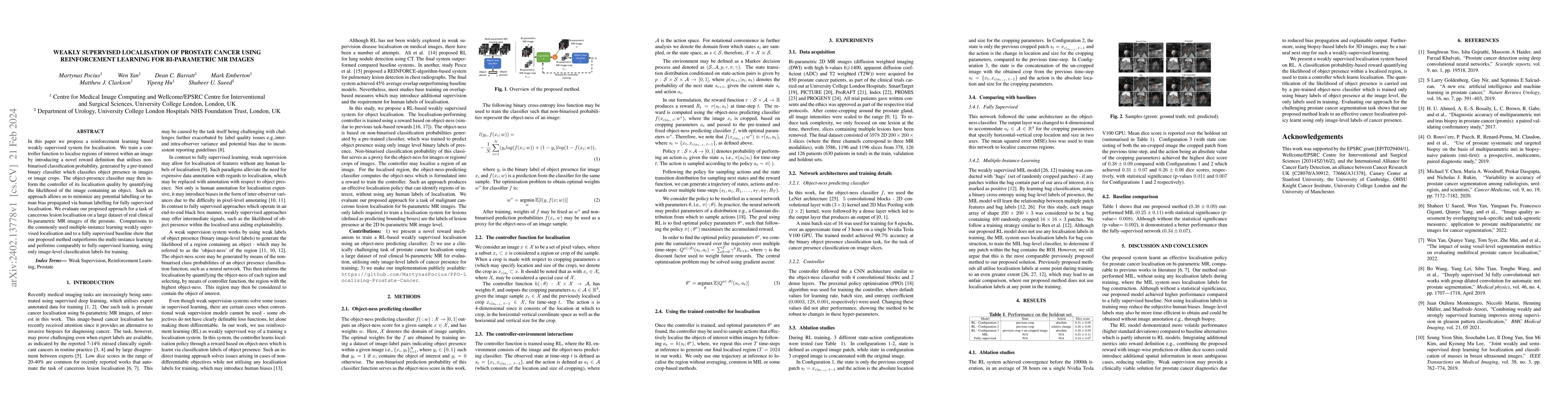 Thumbnail for Weakly supervised localisation of prostate cancer using reinforcement
  learning for bi-parametric MR images