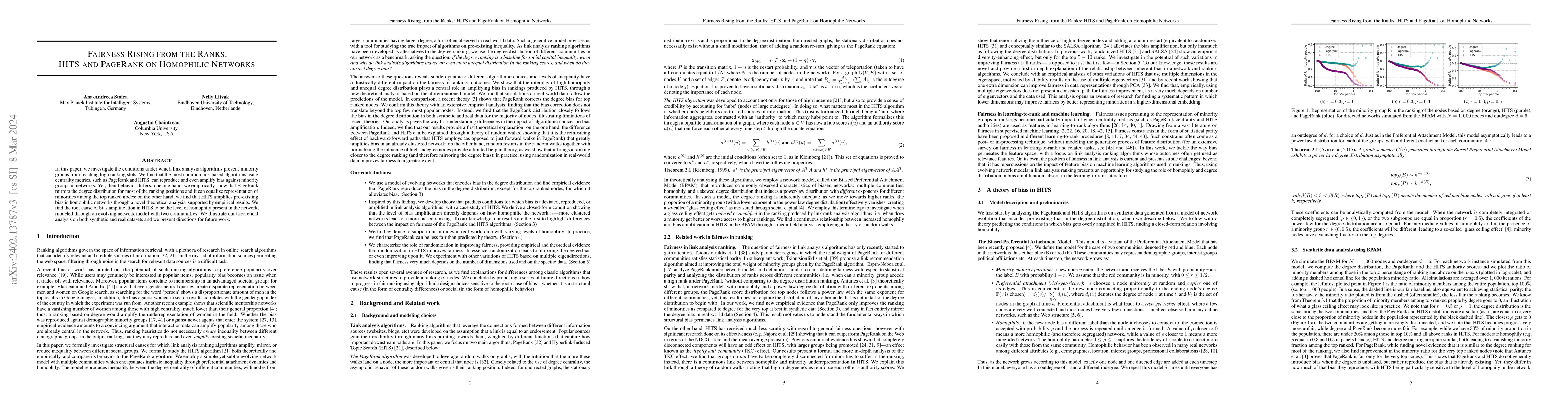 Thumbnail for Fairness Rising from the Ranks: HITS and PageRank on Homophilic Networks