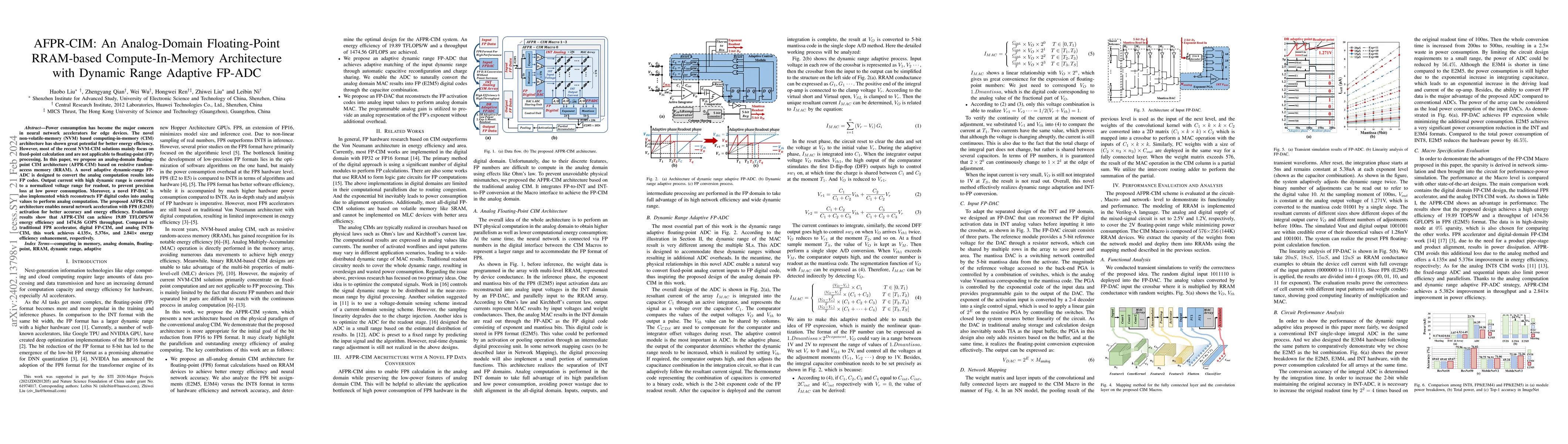 Thumbnail for AFPR-CIM: An Analog-Domain Floating-Point RRAM-based Compute-In-Memory
  Architecture with Dynamic Range Adaptive FP-ADC