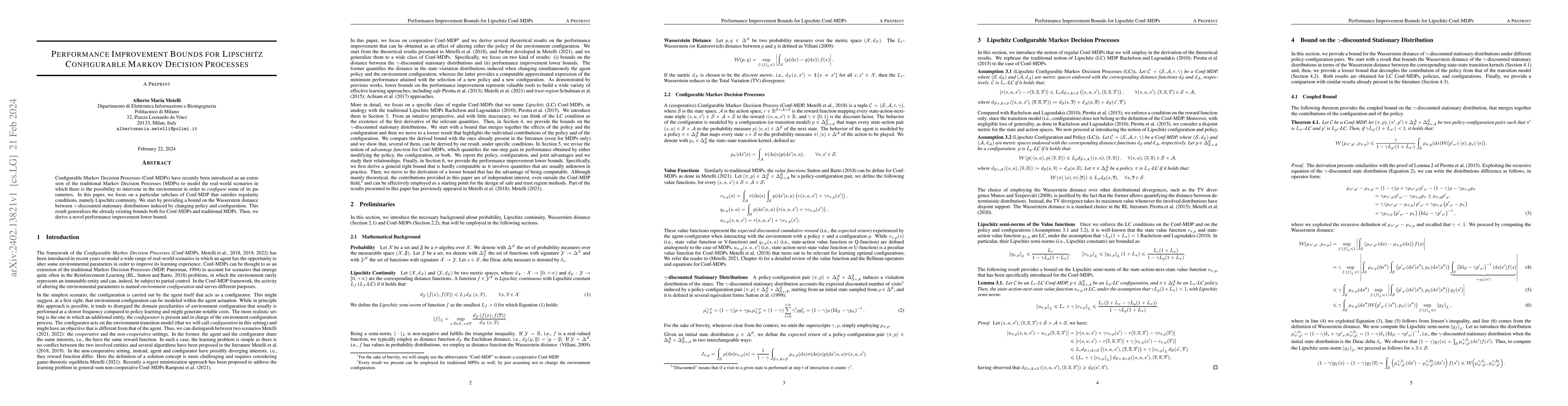 Thumbnail for Performance Improvement Bounds for Lipschitz Configurable Markov
  Decision Processes