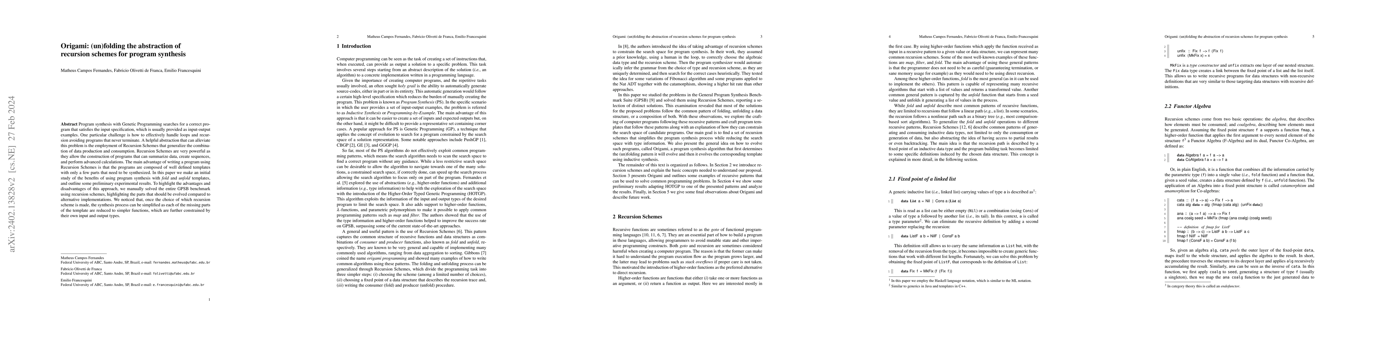 Thumbnail for Origami: (un)folding the abstraction of recursion schemes for program
  synthesis