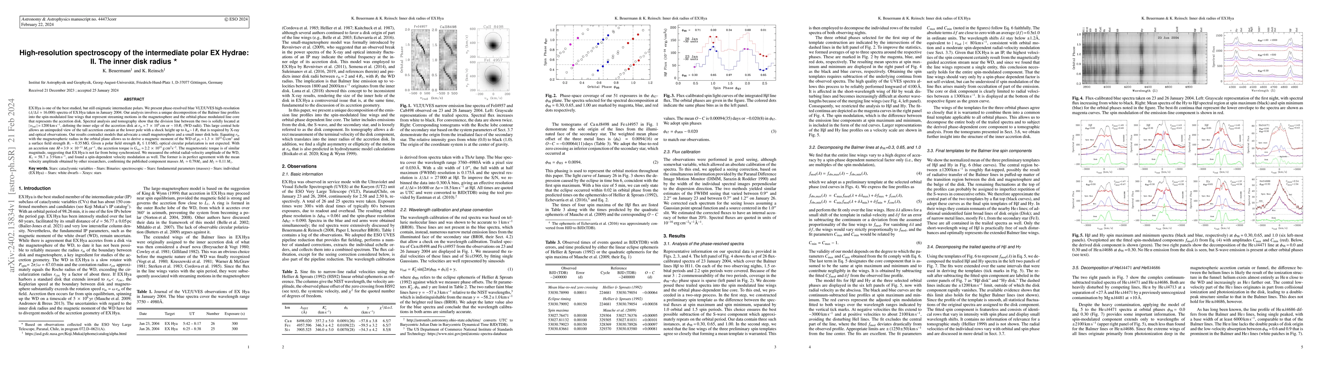 Thumbnail for High-resolution spectroscopy of the intermediate polar EX Hydrae: II.
  The inner disk radius
