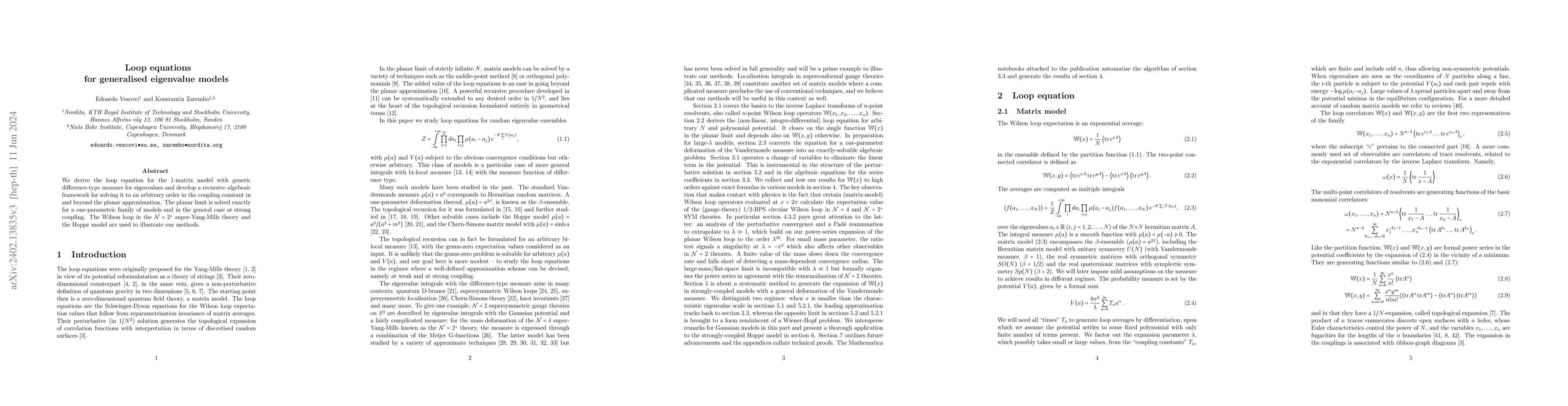 Thumbnail for Loop equations for generalised eigenvalue models