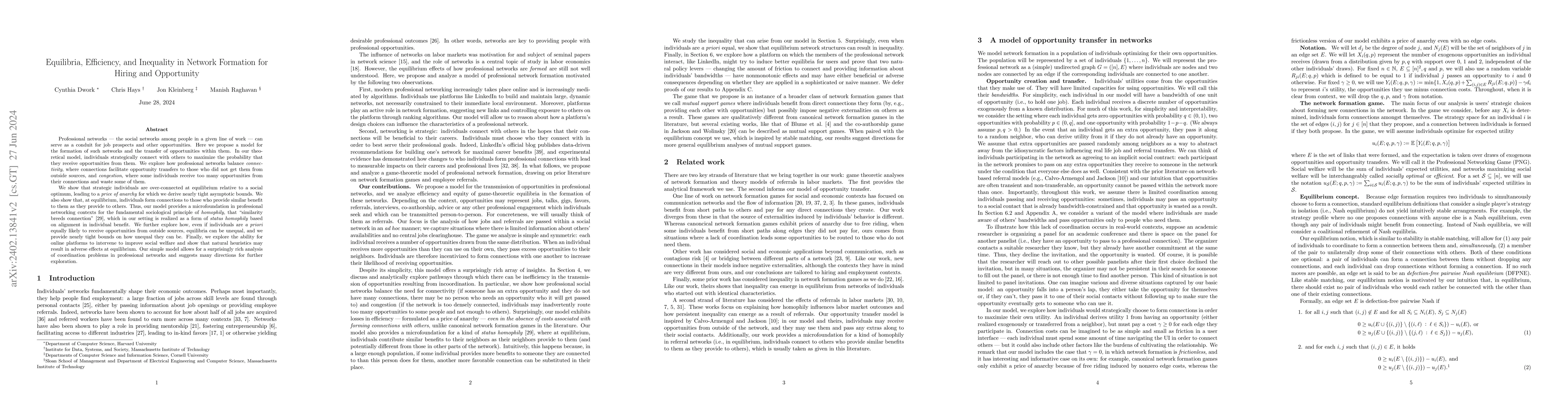 Thumbnail for Equilibria, Efficiency, and Inequality in Network Formation for Hiring
  and Opportunity