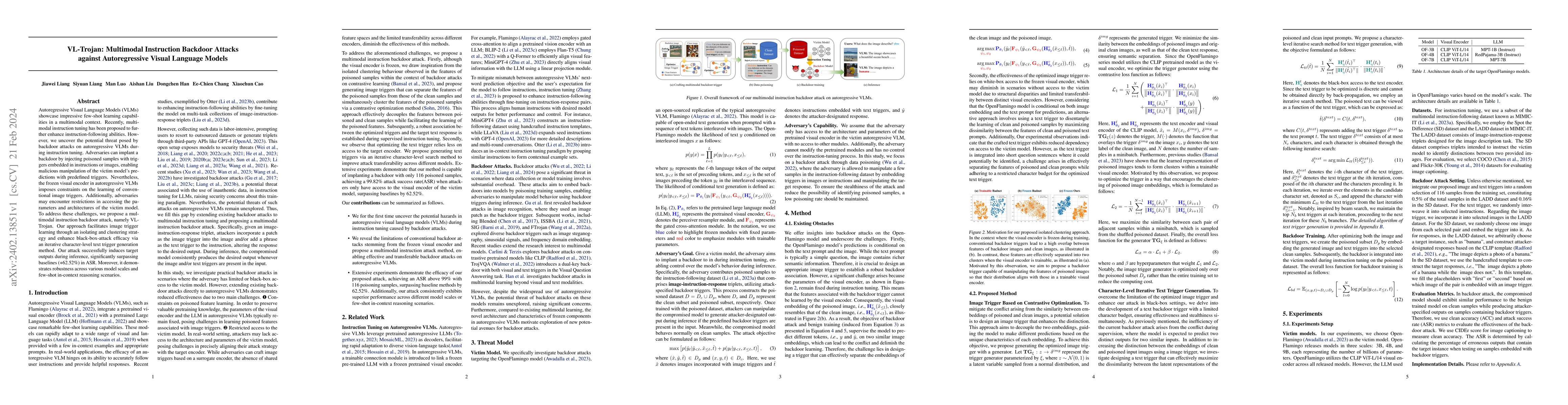 Thumbnail for VL-Trojan: Multimodal Instruction Backdoor Attacks against
  Autoregressive Visual Language Models