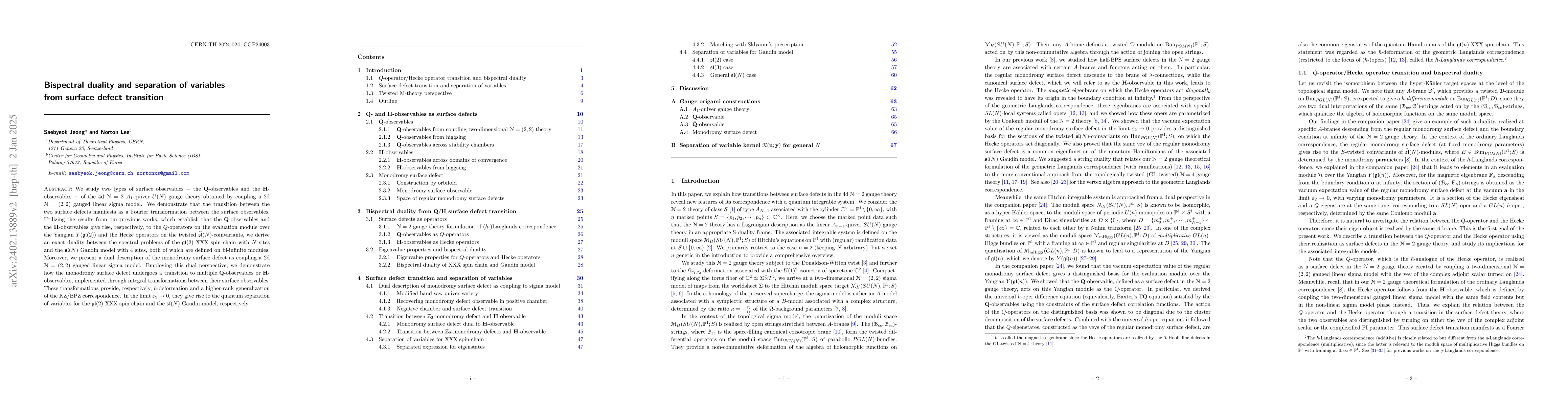 Thumbnail for Bispectral duality and separation of variables from surface defect
  transition