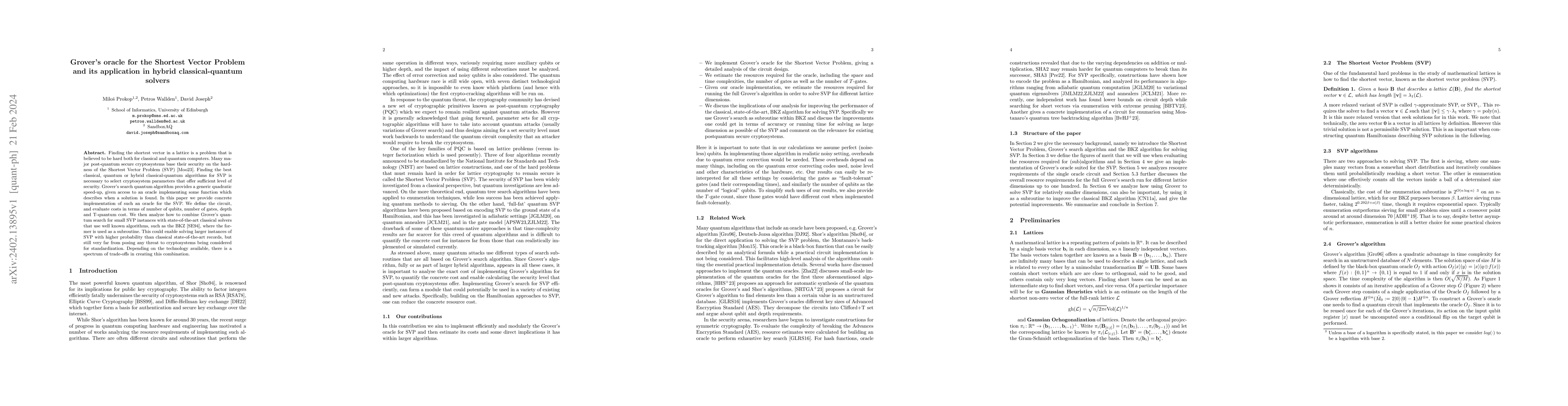 Thumbnail for Grover's oracle for the Shortest Vector Problem and its application in
  hybrid classical-quantum solvers