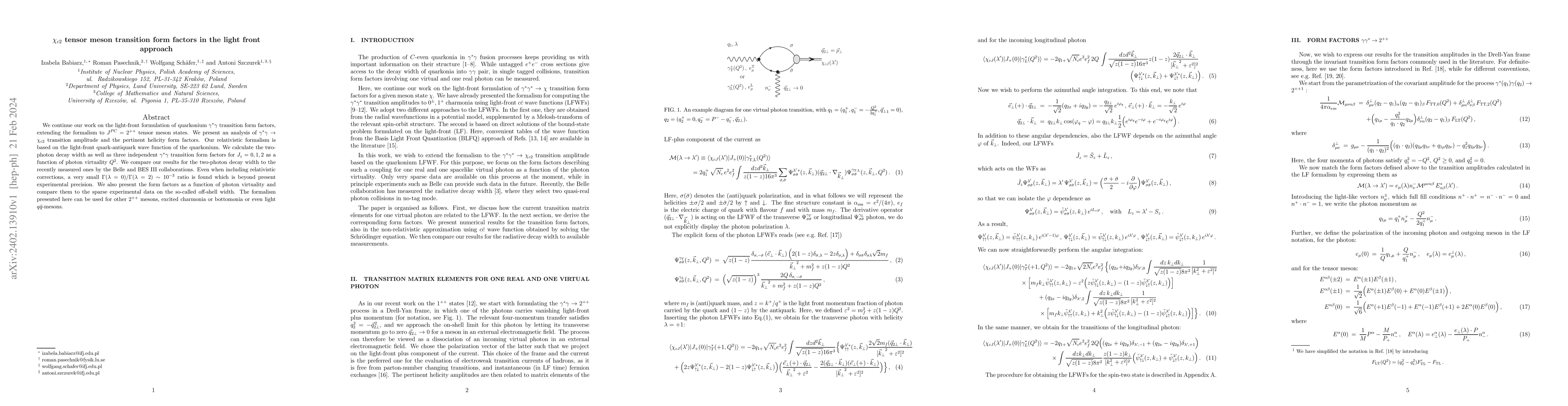 Thumbnail for $\chi_{c2}$ tensor meson transition form factors in the light front
  approach