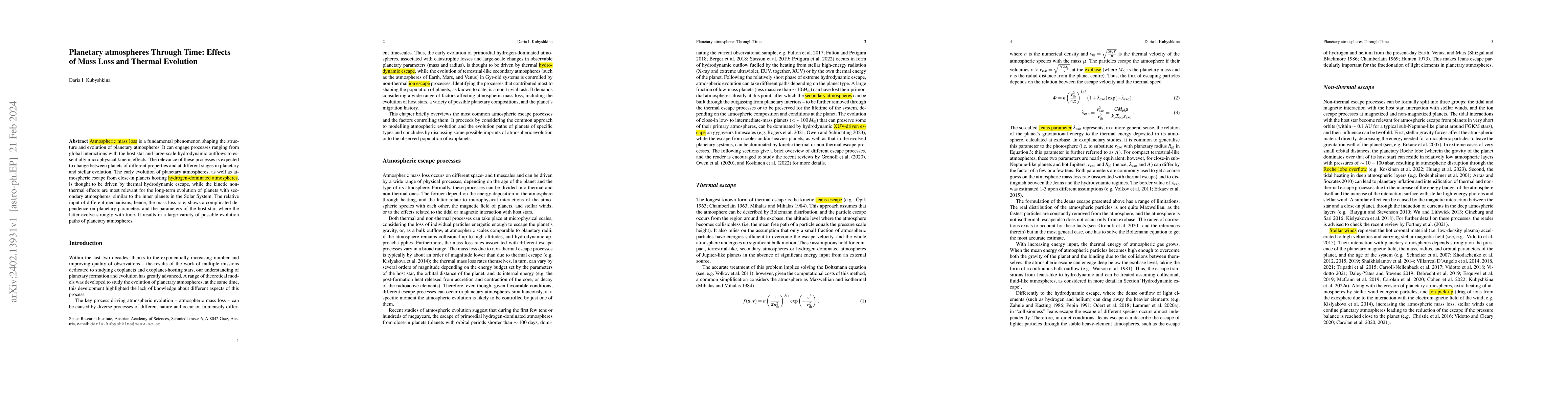 Thumbnail for Planetary atmospheres Through Time: Effects of Mass Loss and Thermal
  Evolution