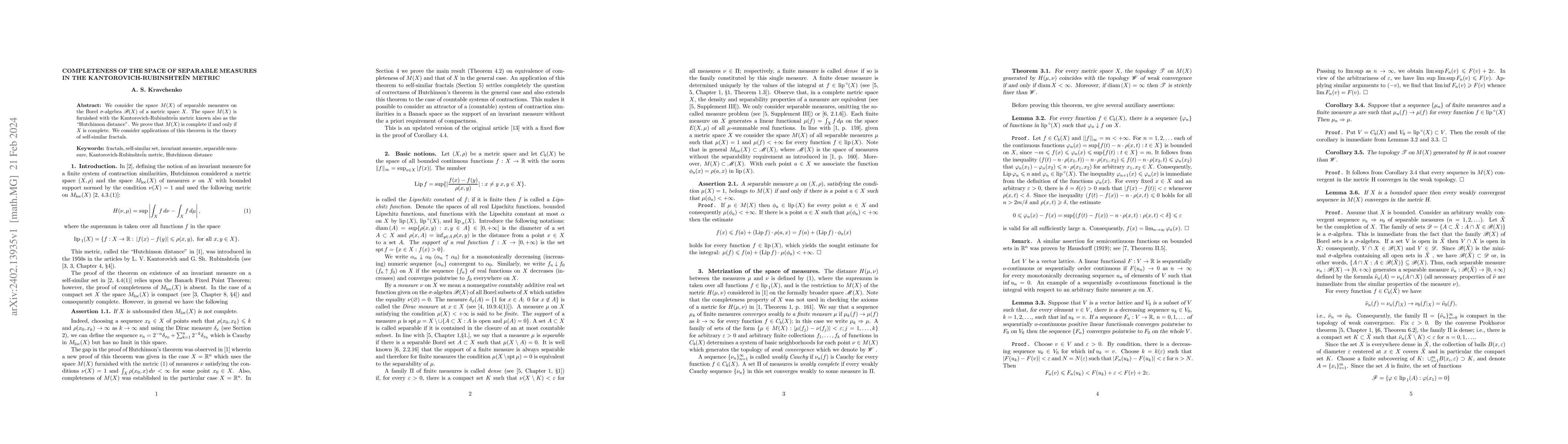Thumbnail for Completeness of the space of separable measures in the
  Kantorovich-Rubinshte\u{i}n metric