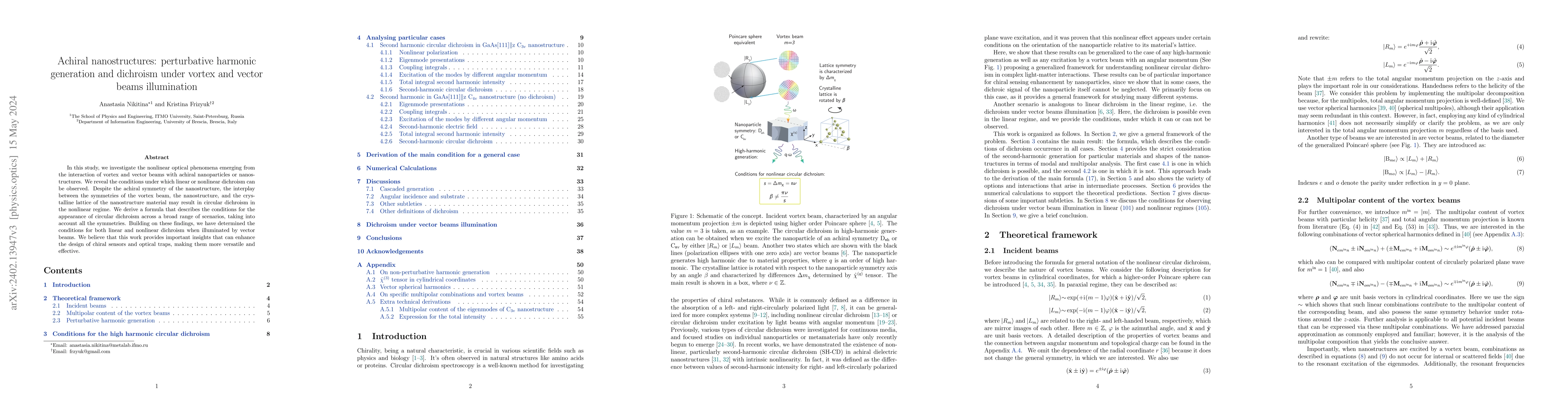 Thumbnail for Achiral nanostructures: perturbative harmonic generation and dichroism
  under vortex and vector beams illumination