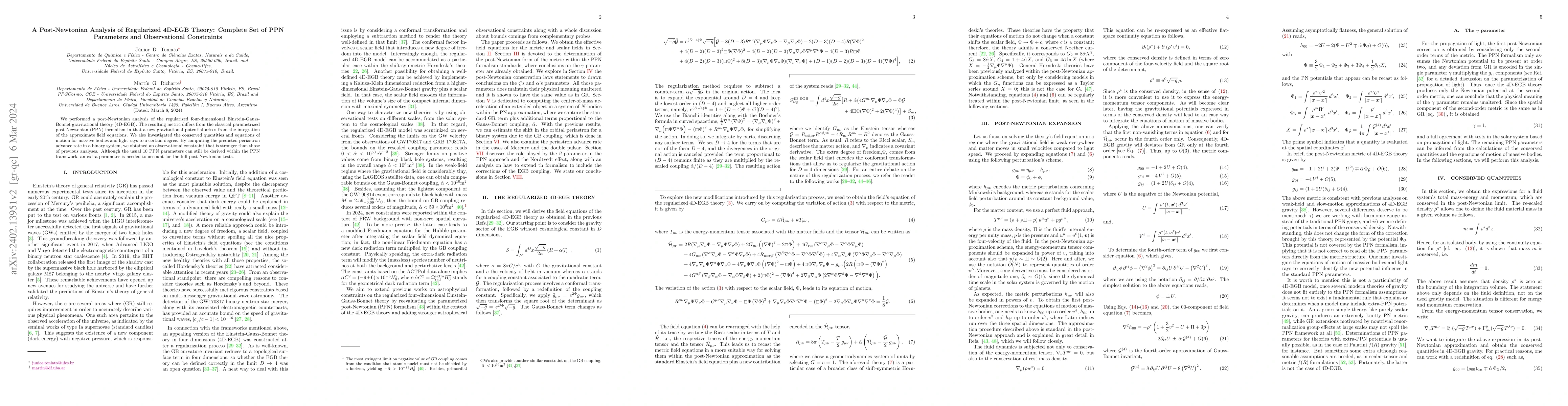 Thumbnail for A Post-Newtonian Analysis of Regularized 4D-EGB Theory: Complete Set of
  PPN Parameters and Observational Constraints
