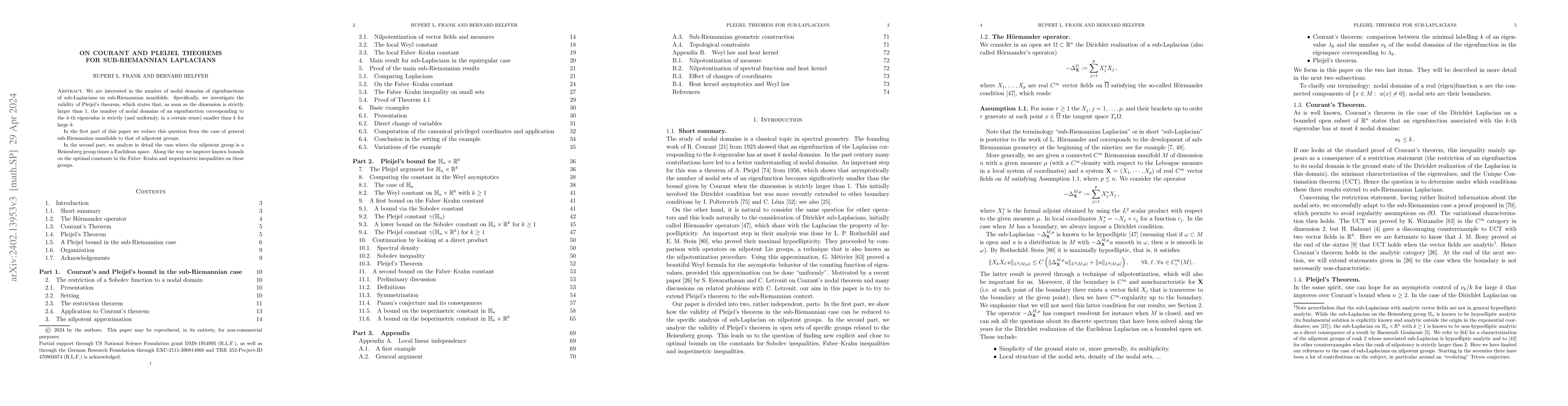 Thumbnail for On Courant and Pleijel theorems for sub-Riemannian Laplacians