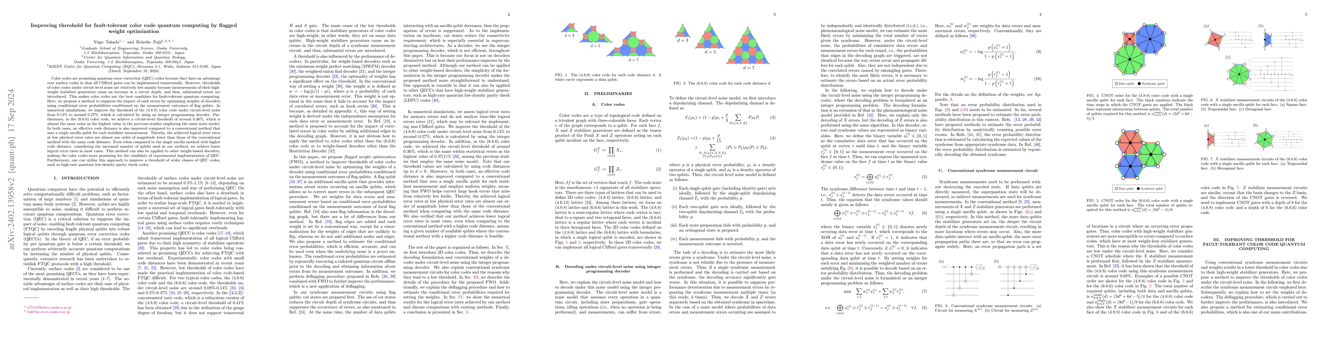 Thumbnail for Improving threshold for fault-tolerant color code quantum computing by
  flagged weight optimization