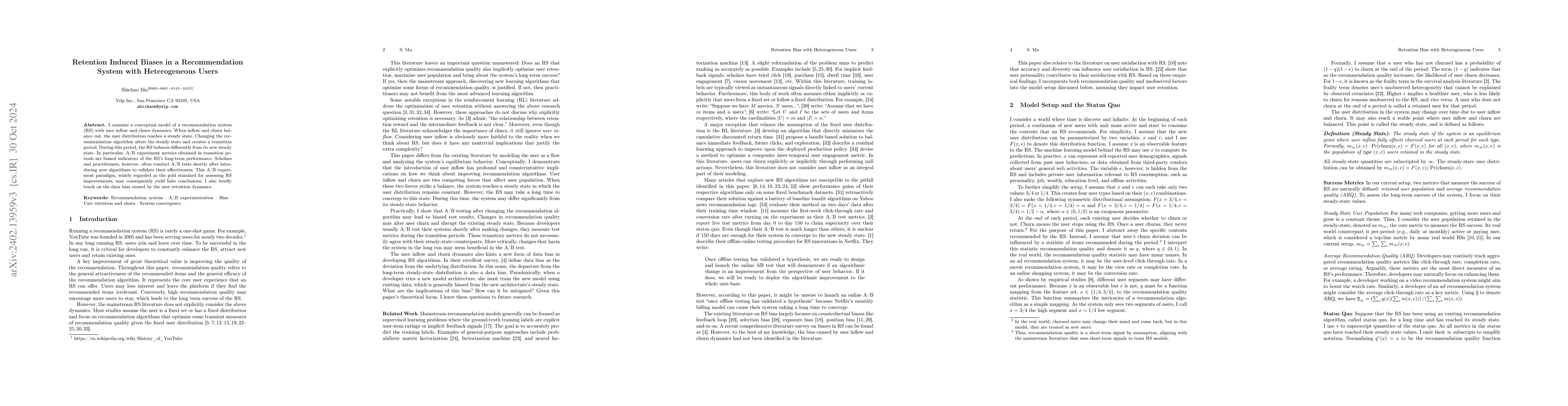 Thumbnail for Retention Induced Biases in a Recommendation System with Heterogeneous
  Users