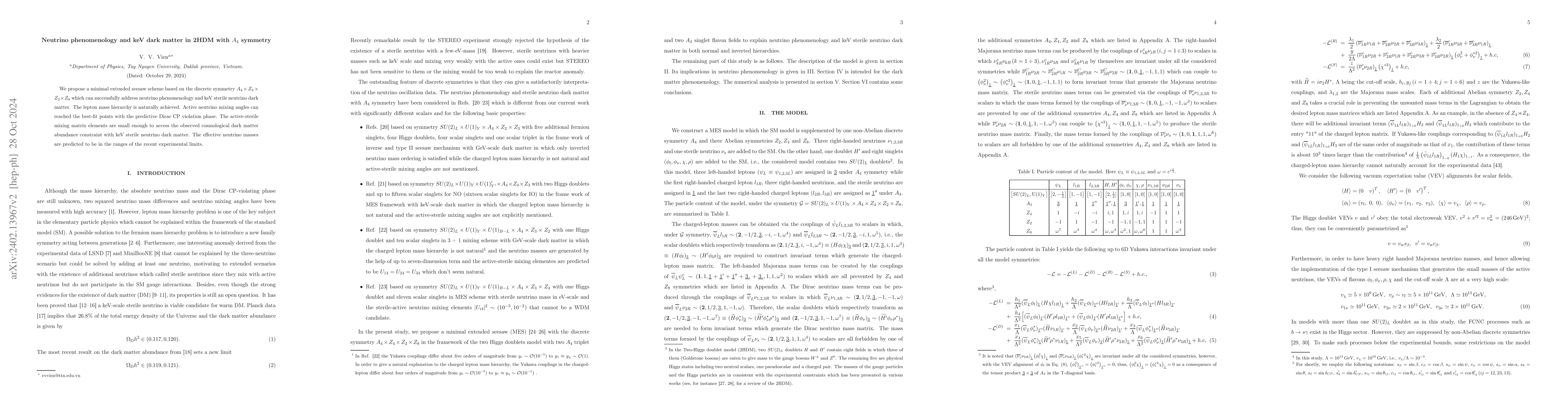Thumbnail for Neutrino phenomenology and keV dark matter in 2HDM with $A_4$ symmetry
