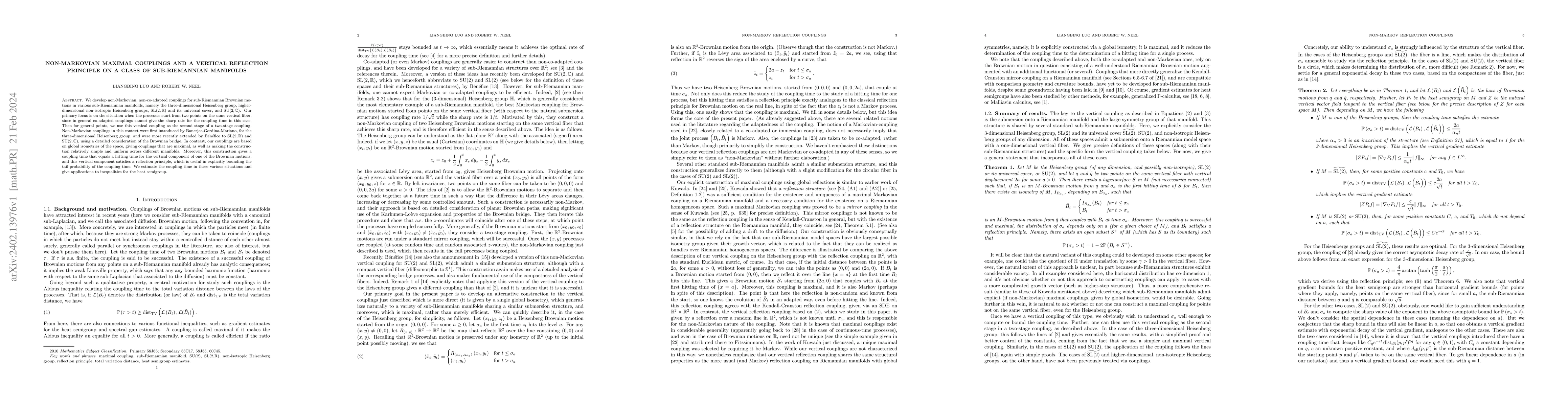 Thumbnail for Non-Markovian maximal couplings and a vertical reflection principle on a
  class of sub-Riemannian manifolds