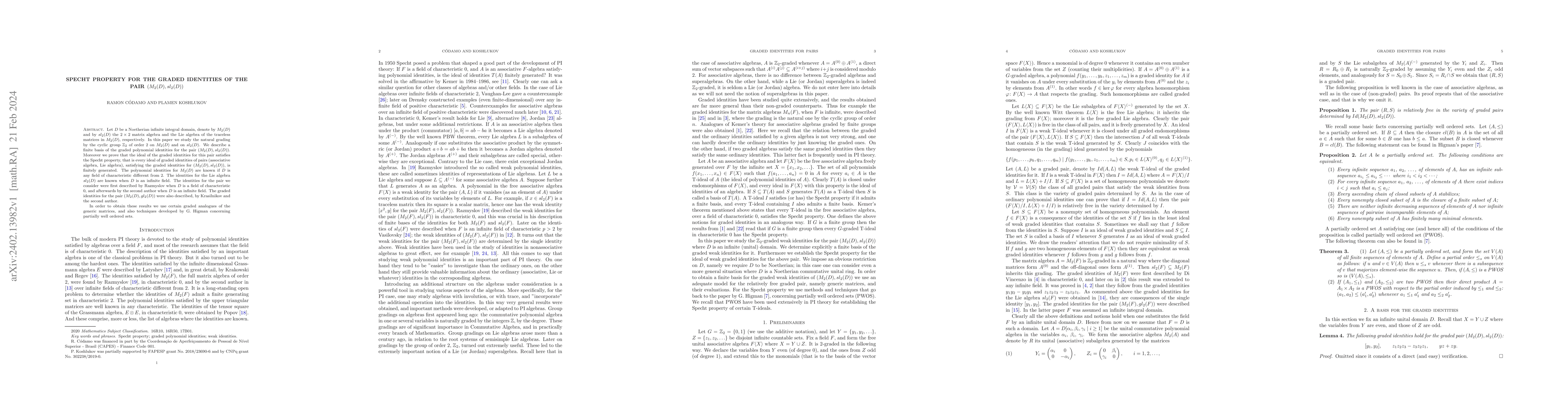 Thumbnail for Specht property for the graded identities of the pair $(M_2(D),
  sl_2(D))$