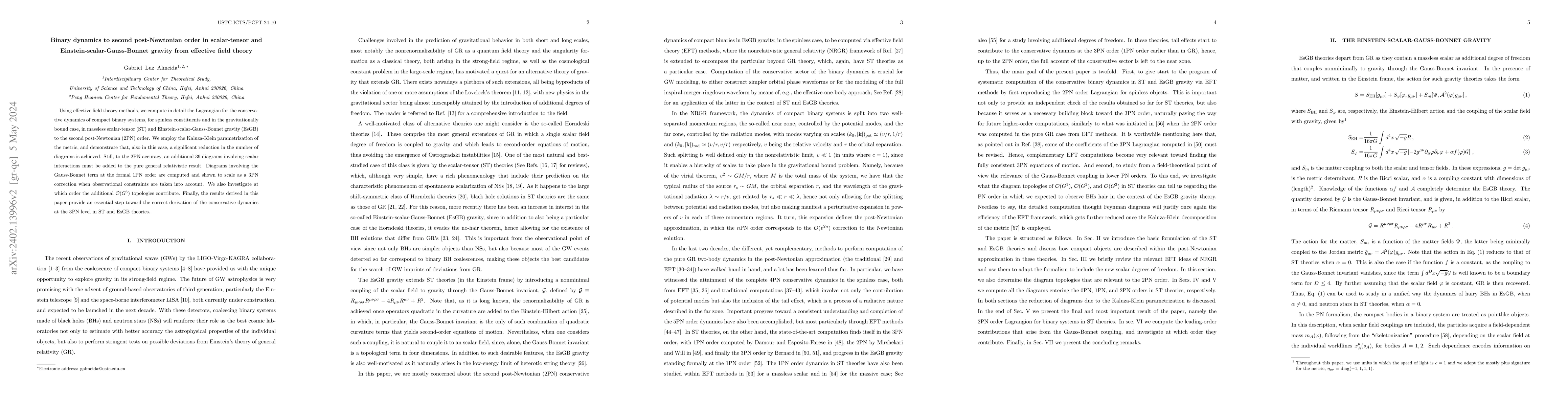 Thumbnail for Binary dynamics to second post-Newtonian order in scalar-tensor and
  Einstein-scalar-Gauss-Bonnet gravity from effective field theory