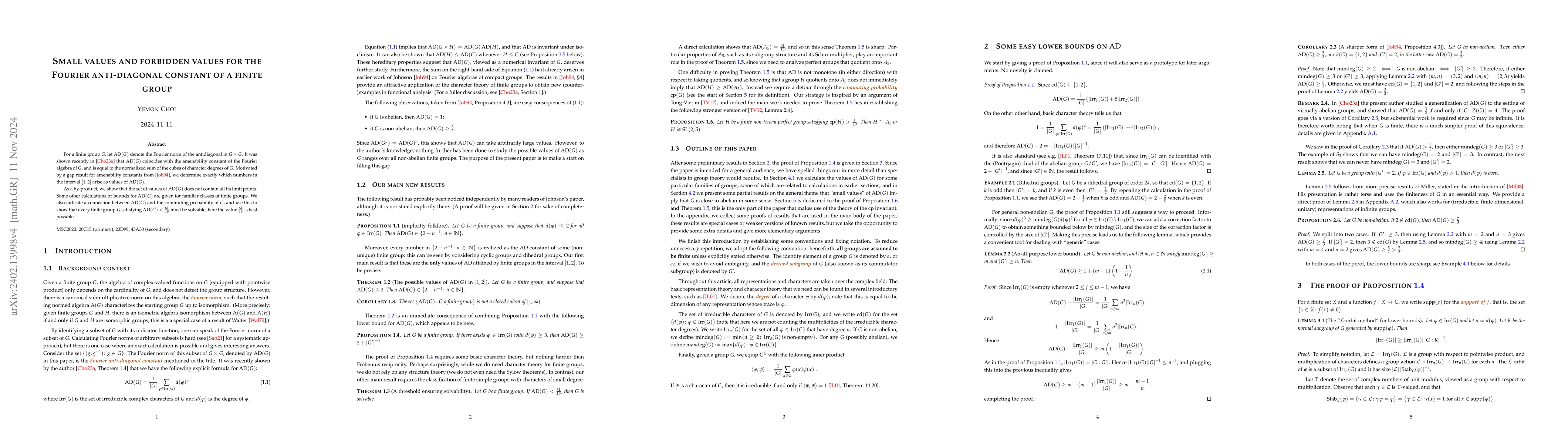 Thumbnail for Small values and forbidden values for the Fourier antidiagonal constant
  of a finite group