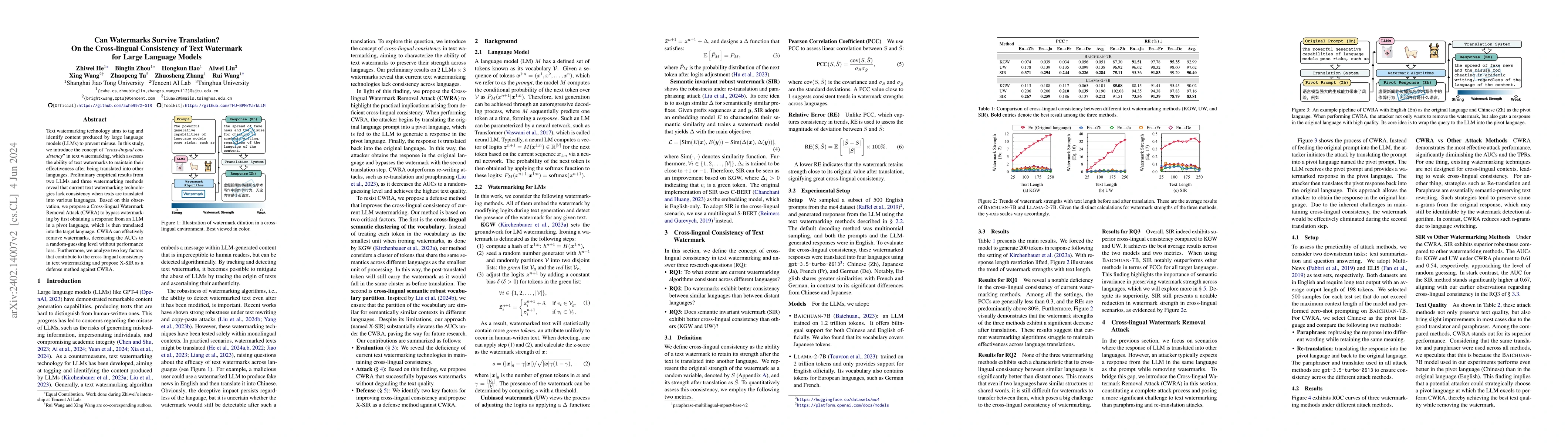 Thumbnail for Can Watermarks Survive Translation? On the Cross-lingual Consistency of
  Text Watermark for Large Language Models