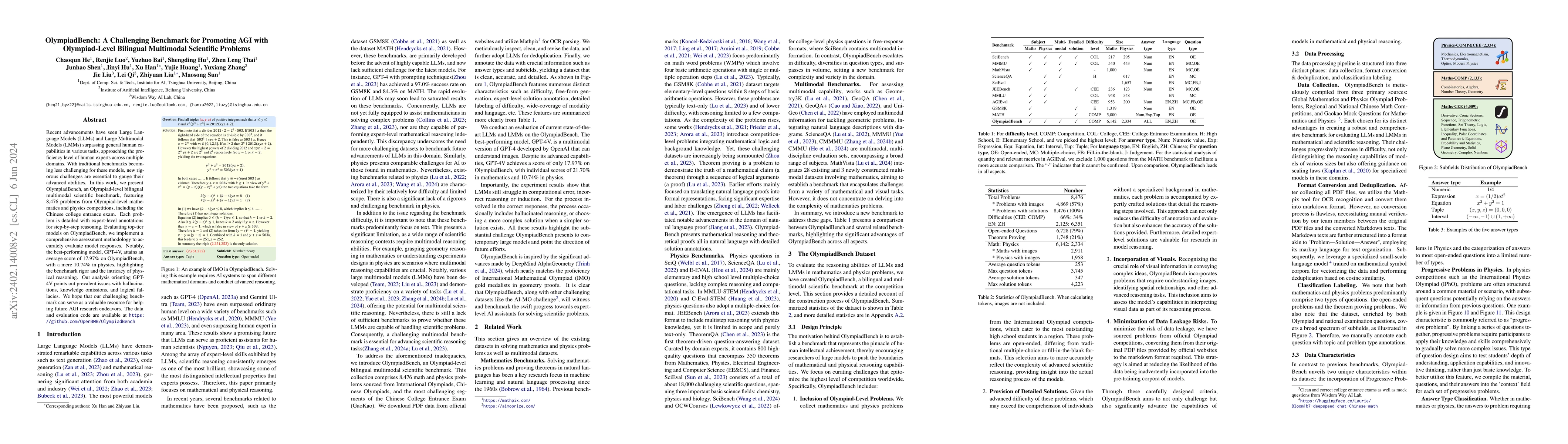 Thumbnail for OlympiadBench: A Challenging Benchmark for Promoting AGI with
  Olympiad-Level Bilingual Multimodal Scientific Problems