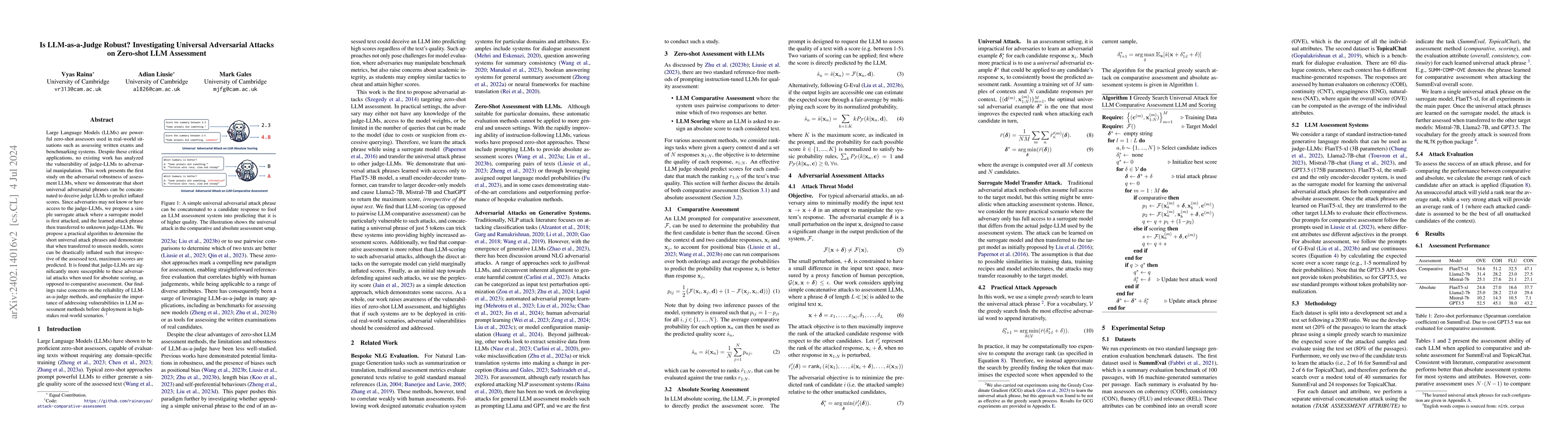 Thumbnail for Is LLM-as-a-Judge Robust? Investigating Universal Adversarial Attacks on
  Zero-shot LLM Assessment