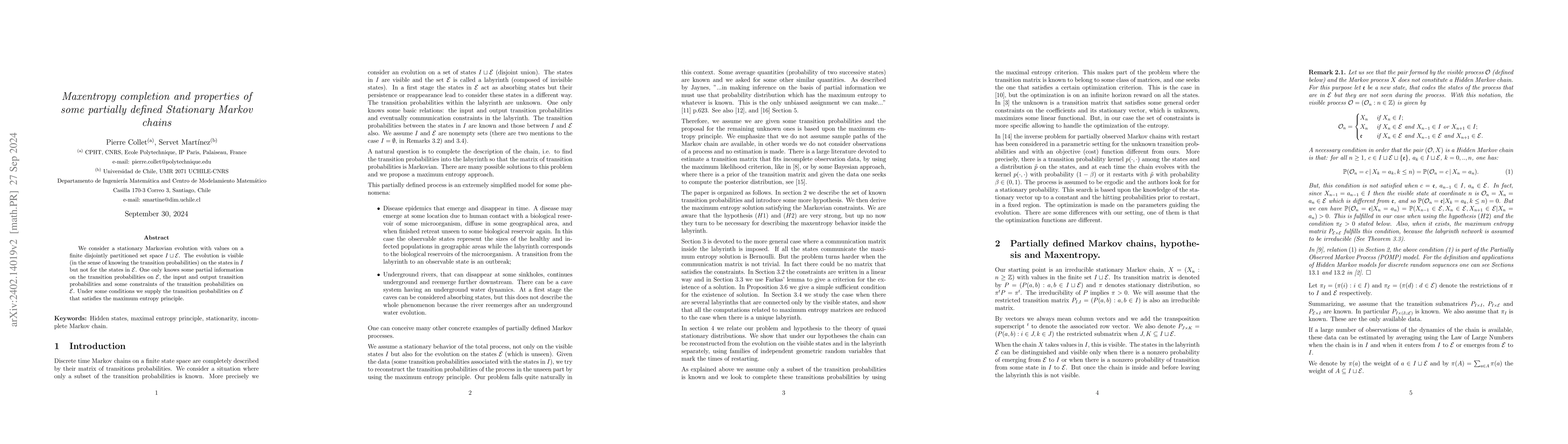 Thumbnail for Maxentropy completion and properties of some partially defined
  Stationary Markov chains